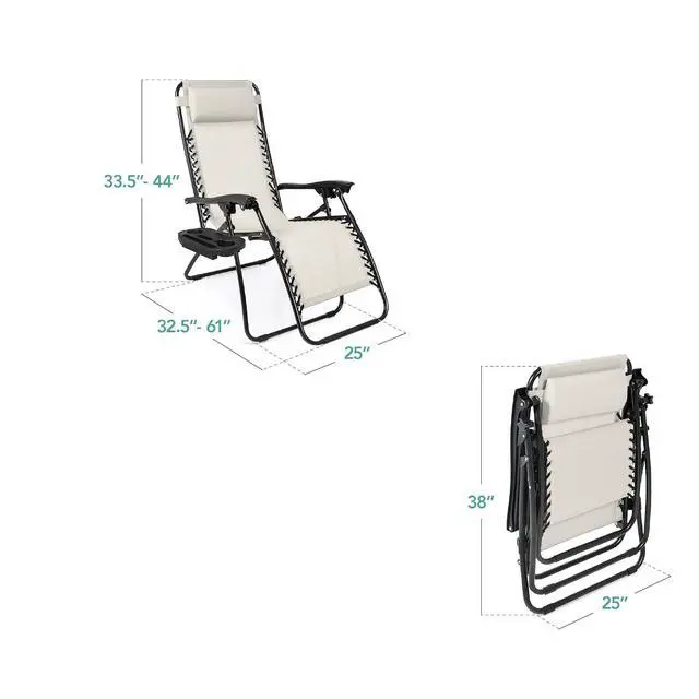 Alt view image 3 of 7 - Set of 2 Adjustable Steel Mesh Zero Gravity Lounge Chair Recliners w/Pillows and Cup Holder Trays - Ivory