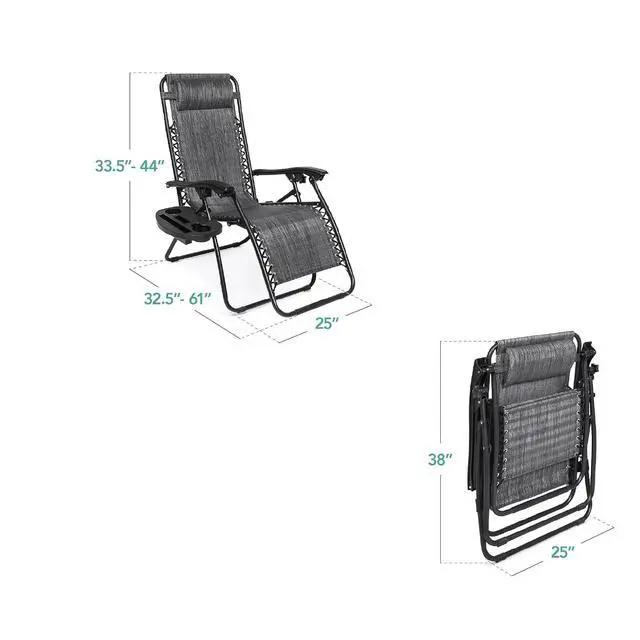 Alt view image 3 of 6 - Set of 2 Adjustable Steel Mesh Zero Gravity Lounge Chair Recliners w/Pillows and Cup Holder Trays - Gray