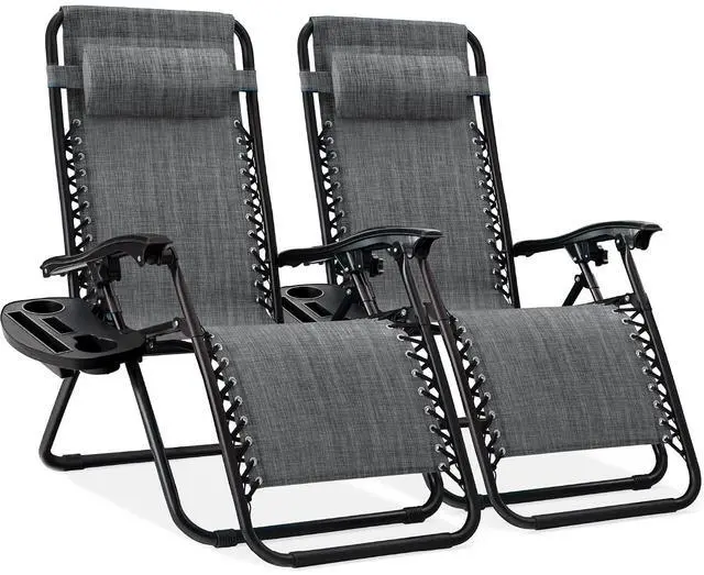 Main image of Set of 2 Adjustable Steel Mesh Zero Gravity Lounge Chair Recliners w/Pillows and Cup Holder Trays - Gray