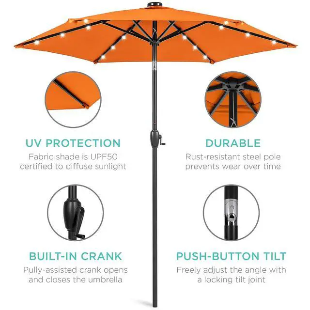 Alt view image 5 of 7 - 7.5ft Solar Umbrella LED Lighted Patio Umbrella, Table Market Umbrella with Tilt and Crank, Outdoor Umbrella for Garden, Deck, Backyard, Pool and Beach - Orange
