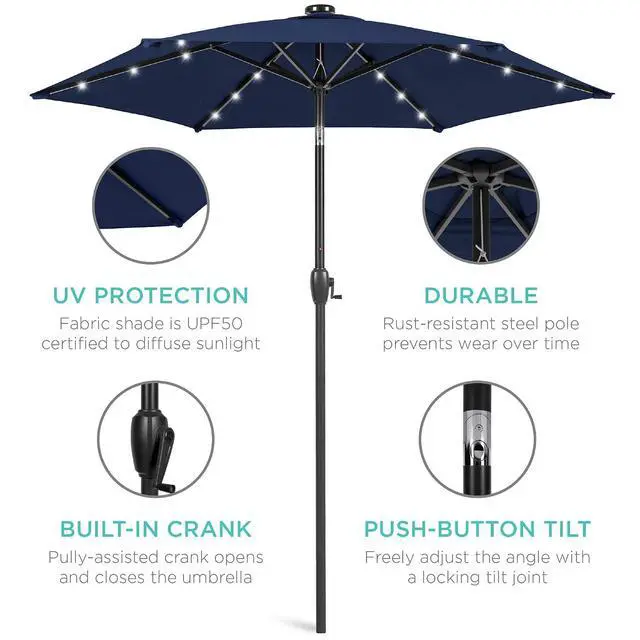 Alt view image 5 of 7 - 7.5ft Solar Umbrella LED Lighted Patio Umbrella, Table Market Umbrella with Tilt and Crank, Outdoor Umbrella for Garden, Deck, Backyard, Pool and Beach - Navy Blue