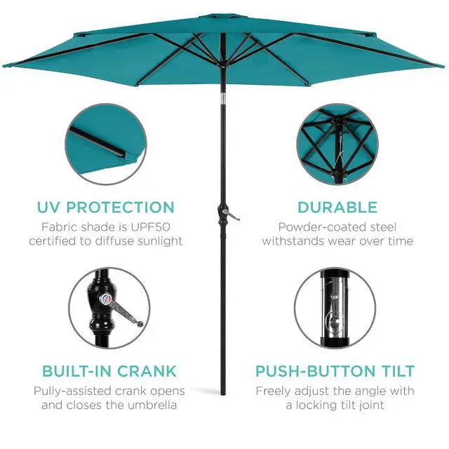 Alt view image 4 of 6 - 10ft Outdoor Patio Umbrella, Outdoor Table Umbrella, Yard Umbrella, Market Umbrella with 6 Sturdy Ribs, Push Button, Tilt and Crank - Cerulean