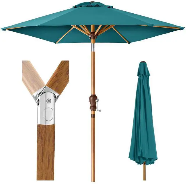 Main image of 10ft Market Umbrella, Outdoor Sun Shade for Backyard, Deck, Poolside, Table w/Woodgrain Pattern, Easy Tilt & Crank - Cerulean