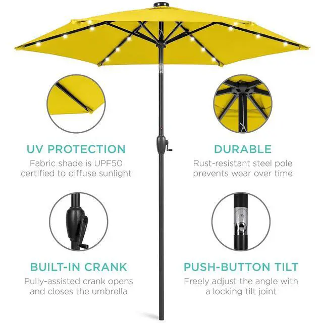 Alt view image 5 of 7 - 7.5ft Solar Umbrella LED Lighted Patio Umbrella, Table Market Umbrella with Tilt and Crank, Outdoor Umbrella for Garden, Deck, Backyard, Pool and Beach - Yellow