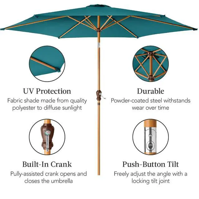 Alt view image 6 of 7 - 10ft Market Umbrella, Outdoor Sun Shade for Backyard, Deck, Poolside, Table w/Woodgrain Pattern, Easy Tilt & Crank - Cerulean