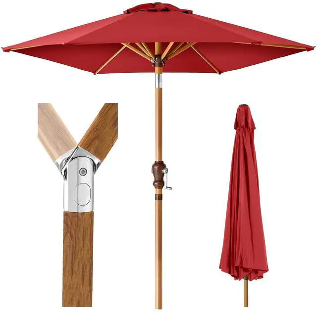 Main image of 10ft Market Umbrella, Outdoor Sun Shade for Backyard, Deck, Poolside, Table w/Woodgrain Pattern, Easy Tilt & Crank - Red