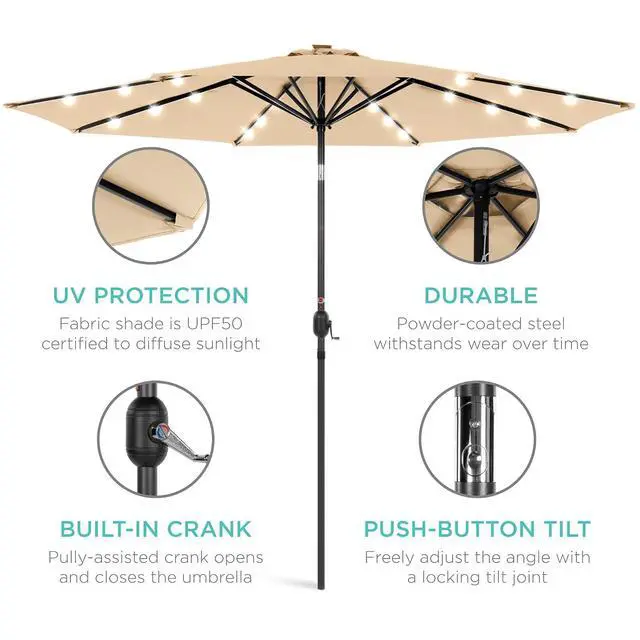 Alt view image 5 of 7 - 10ft Solar Polyester LED Lighted Patio Umbrella w/Tilt Adjustment and UV-Resistant Fabric - Sand