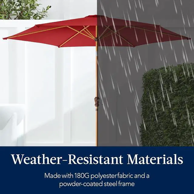 Alt view image 5 of 7 - 10ft Market Umbrella, Outdoor Sun Shade for Backyard, Deck, Poolside, Table w/Woodgrain Pattern, Easy Tilt & Crank - Red