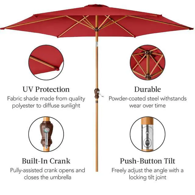 Alt view image 6 of 7 - 10ft Market Umbrella, Outdoor Sun Shade for Backyard, Deck, Poolside, Table w/Woodgrain Pattern, Easy Tilt & Crank - Red