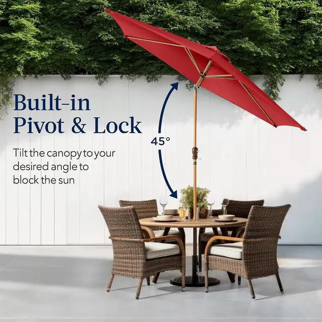 Alt view image 4 of 7 - 10ft Market Umbrella, Outdoor Sun Shade for Backyard, Deck, Poolside, Table w/Woodgrain Pattern, Easy Tilt & Crank - Red