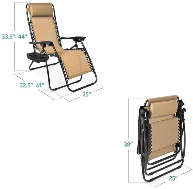 Main image of Set of 2 Adjustable Steel Mesh Zero Gravity Lounge Chair Recliners w/Pillows and Cup Holder Trays - Beige