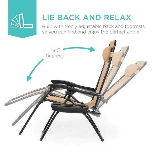 Alt view image 2 of 5 - Set of 2 Adjustable Steel Mesh Zero Gravity Lounge Chair Recliners w/Pillows and Cup Holder Trays - Beige