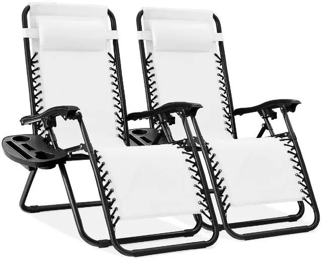 Main image of Set of 2 Adjustable Steel Mesh Zero Gravity Lounge Chair Recliners w/Pillows and Cup Holder Trays - Snow/Black