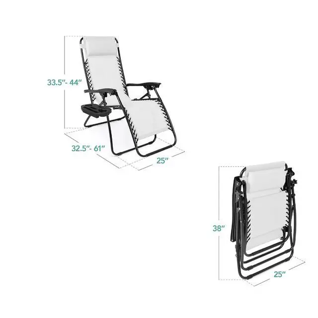 Alt view image 3 of 7 - Set of 2 Adjustable Steel Mesh Zero Gravity Lounge Chair Recliners w/Pillows and Cup Holder Trays - Snow/Black