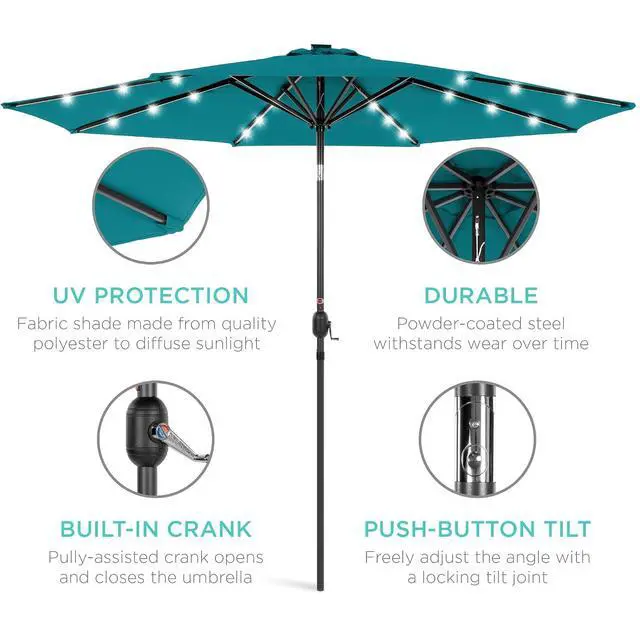 Alt view image 5 of 7 - 10ft Solar Polyester LED Lighted Patio Umbrella w/Tilt Adjustment and UV-Resistant Fabric - Cerulean