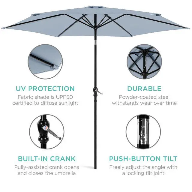 Alt view image 5 of 7 - 10ft Outdoor Patio Umbrella, Outdoor Table Umbrella, Yard Umbrella, Market Umbrella with 6 Sturdy Ribs, Push Button, Tilt and Crank - Breeze Blue