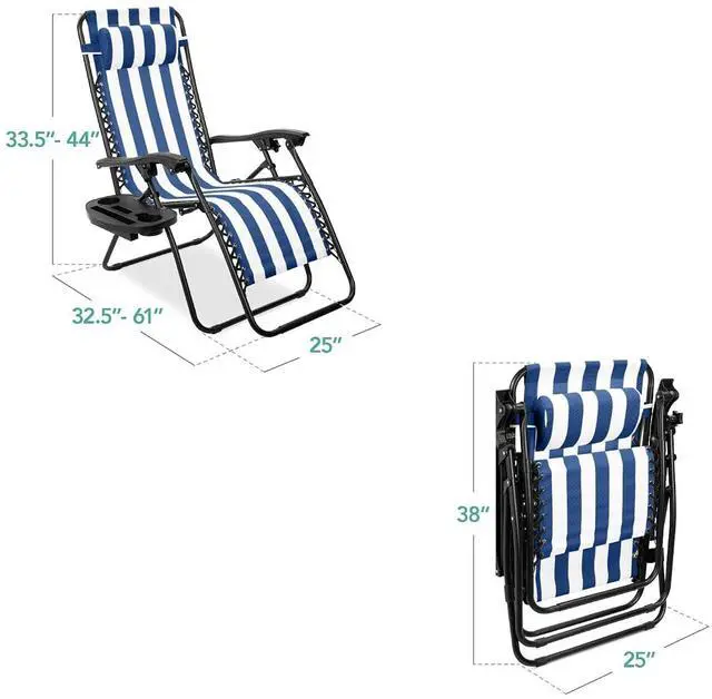 Alt view image 3 of 7 - Set of 2 Adjustable Steel Mesh Zero Gravity Lounge Chair Recliners w/Pillows and Cup Holder Trays - Mediterranean Blue Striped