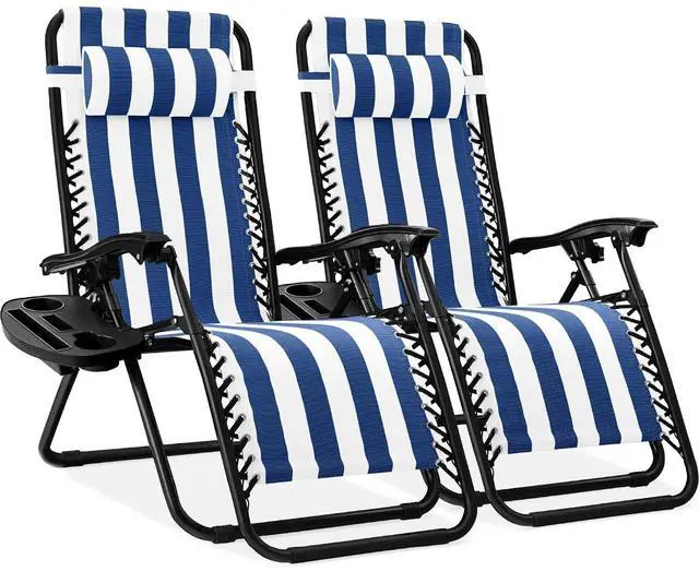 Main image of Set of 2 Adjustable Steel Mesh Zero Gravity Lounge Chair Recliners w/Pillows and Cup Holder Trays - Mediterranean Blue Striped