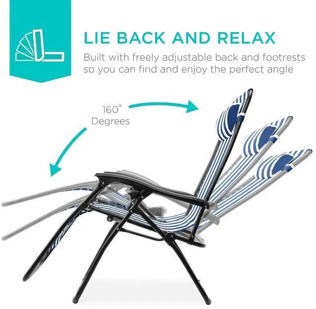 Alt view image 4 of 7 - Set of 2 Adjustable Steel Mesh Zero Gravity Lounge Chair Recliners w/Pillows and Cup Holder Trays - Mediterranean Blue Striped