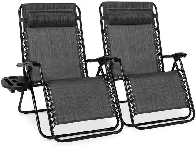 Main image of Set of 2 Extra Wide Adjustable Steel Mesh Zero Gravity Lounge Chair Recliners w/Pillows and Cup Holder Trays - Gray