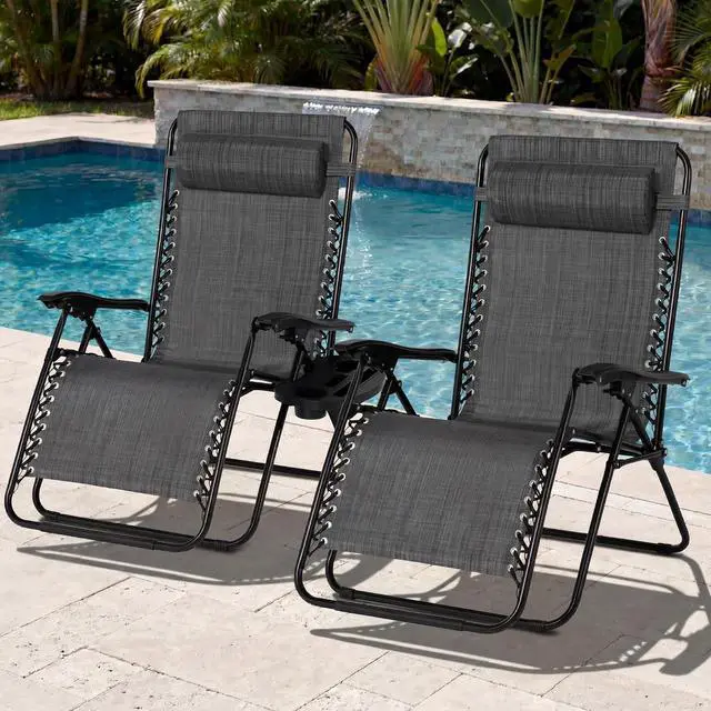 Alt view image 2 of 7 - Set of 2 Extra Wide Adjustable Steel Mesh Zero Gravity Lounge Chair Recliners w/Pillows and Cup Holder Trays - Gray