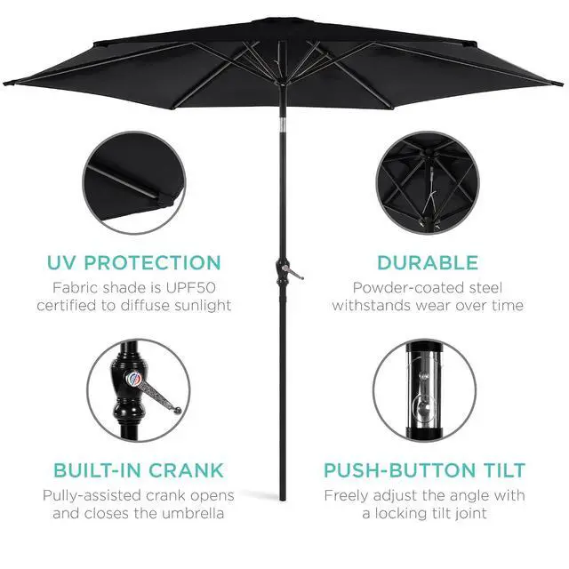 Alt view image 5 of 7 - 10ft Outdoor Patio Umbrella, Outdoor Table Umbrella, Yard Umbrella, Market Umbrella with 6 Sturdy Ribs, Push Button, Tilt and Crank - Black