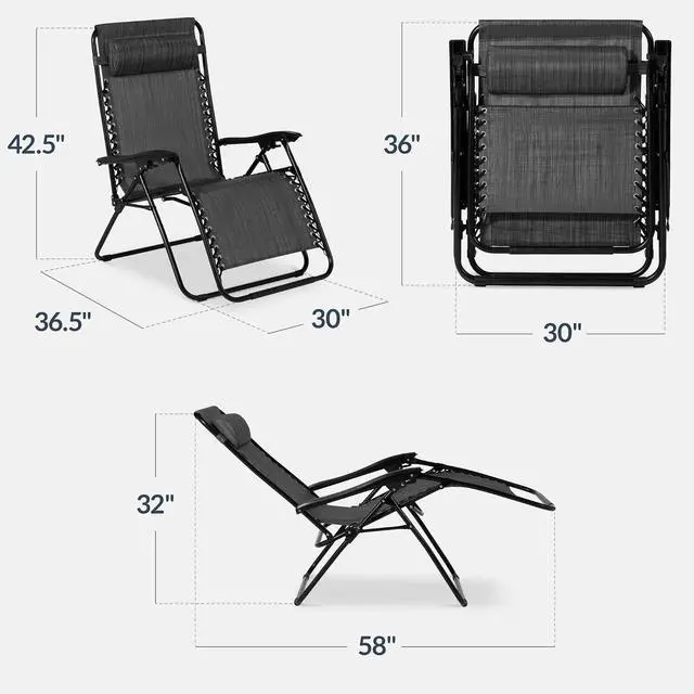 Alt view image 3 of 7 - Set of 2 Extra Wide Adjustable Steel Mesh Zero Gravity Lounge Chair Recliners w/Pillows and Cup Holder Trays - Gray