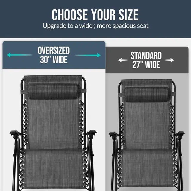 Alt view image 4 of 7 - Set of 2 Extra Wide Adjustable Steel Mesh Zero Gravity Lounge Chair Recliners w/Pillows and Cup Holder Trays - Gray