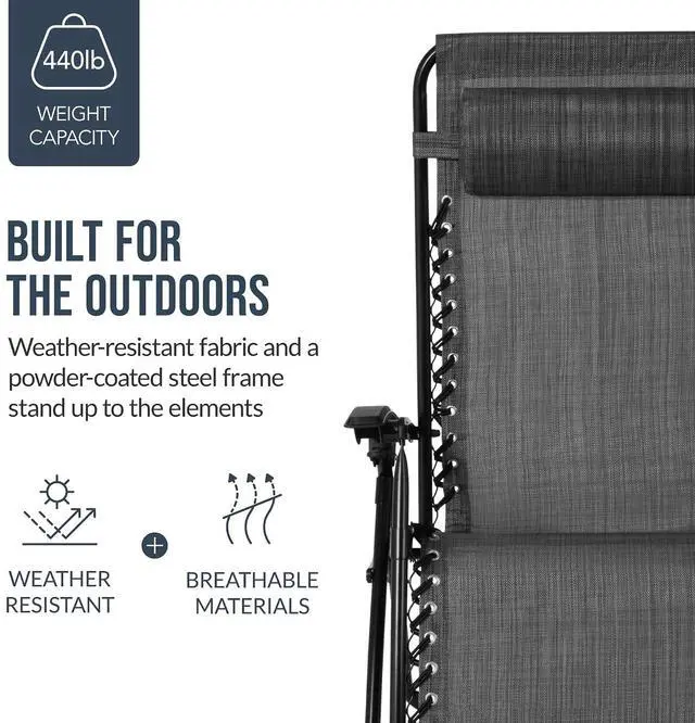 Alt view image 6 of 7 - Set of 2 Extra Wide Adjustable Steel Mesh Zero Gravity Lounge Chair Recliners w/Pillows and Cup Holder Trays - Gray