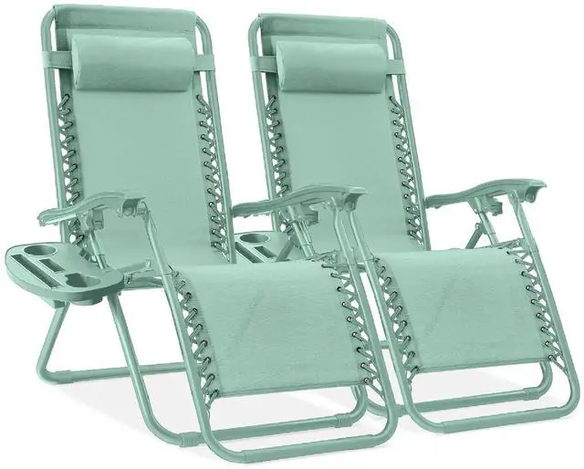 Main image of Set of 2 Adjustable Steel Mesh Zero Gravity Lounge Chair Recliners w/Pillows and Cup Holder Trays - Seafoam