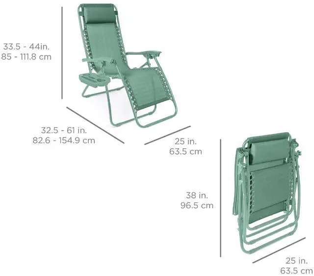 Alt view image 3 of 7 - Set of 2 Adjustable Steel Mesh Zero Gravity Lounge Chair Recliners w/Pillows and Cup Holder Trays - Seafoam