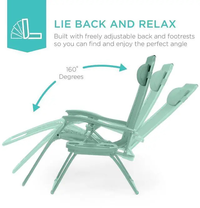 Alt view image 4 of 7 - Set of 2 Adjustable Steel Mesh Zero Gravity Lounge Chair Recliners w/Pillows and Cup Holder Trays - Seafoam