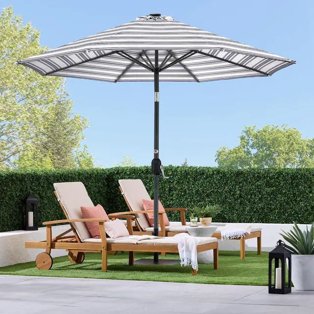 Alt view image 3 of 7 - 10ft Solar Polyester LED Lighted Patio Umbrella w/Tilt Adjustment and UV-Resistant Fabric - Striped Navy Blue