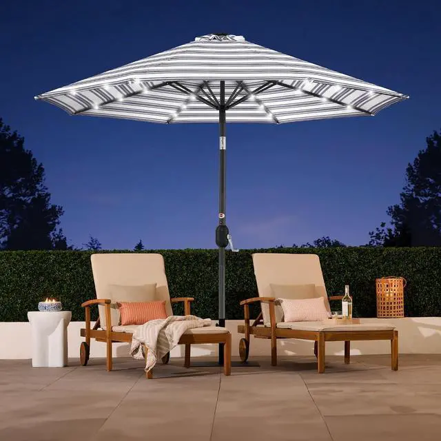 Alt view image 5 of 7 - 10ft Solar Polyester LED Lighted Patio Umbrella w/Tilt Adjustment and UV-Resistant Fabric - Striped Navy Blue