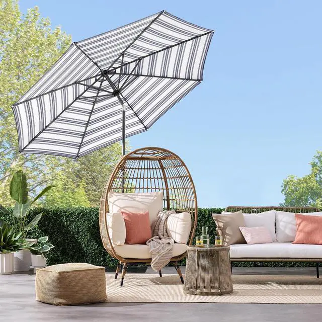 Alt view image 2 of 7 - 10ft Solar Polyester LED Lighted Patio Umbrella w/Tilt Adjustment and UV-Resistant Fabric - Striped Navy Blue