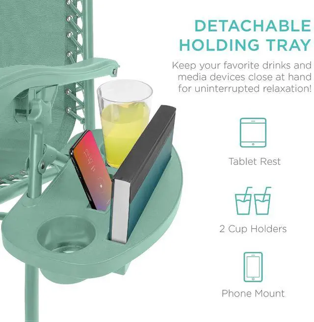 Alt view image 6 of 7 - Set of 2 Adjustable Steel Mesh Zero Gravity Lounge Chair Recliners w/Pillows and Cup Holder Trays - Seafoam