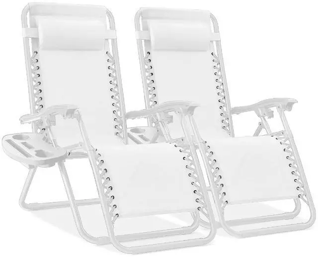 Main image of Set of 2 Adjustable Steel Mesh Zero Gravity Lounge Chair Recliners w/Pillows and Cup Holder Trays - Snow