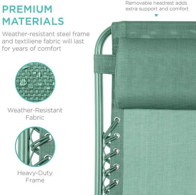 Alt view image 7 of 7 - Set of 2 Adjustable Steel Mesh Zero Gravity Lounge Chair Recliners w/Pillows and Cup Holder Trays - Seafoam