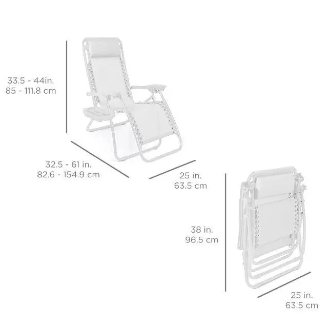 Alt view image 3 of 7 - Set of 2 Adjustable Steel Mesh Zero Gravity Lounge Chair Recliners w/Pillows and Cup Holder Trays - Snow