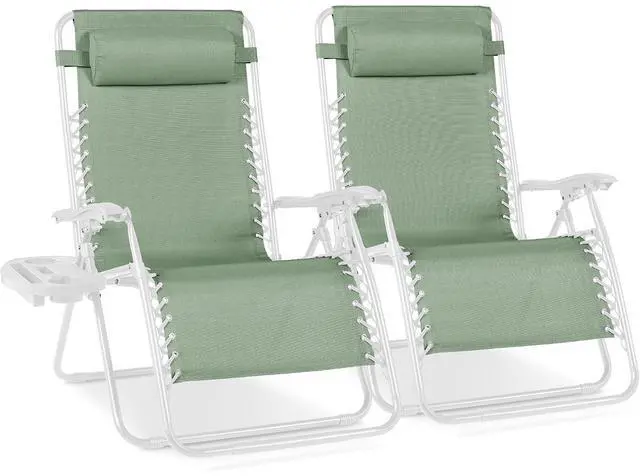 Main image of Set of 2 Extra Wide Adjustable Steel Mesh Zero Gravity Lounge Chair Recliners w/Pillows and Cup Holder Trays - Sage Green/White