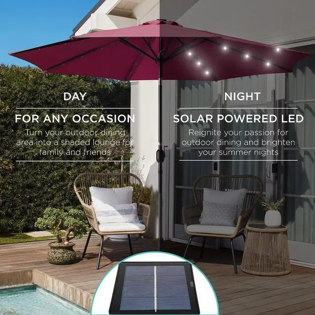 Alt view image 3 of 7 - 10ft Solar Polyester LED Lighted Patio Umbrella w/Tilt Adjustment and UV-Resistant Fabric - Burgundy