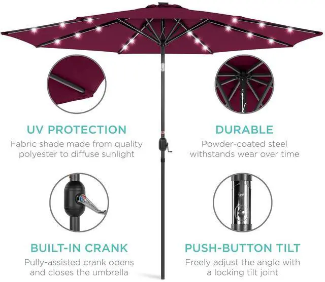 Alt view image 5 of 7 - 10ft Solar Polyester LED Lighted Patio Umbrella w/Tilt Adjustment and UV-Resistant Fabric - Burgundy