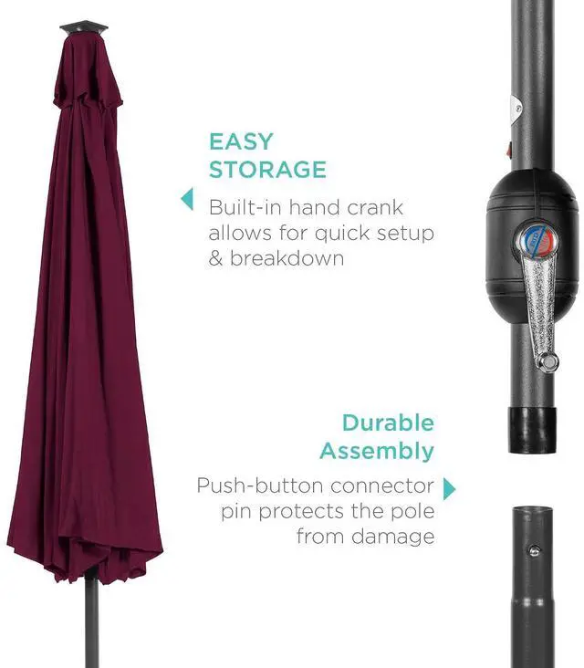 Alt view image 6 of 7 - 10ft Solar Polyester LED Lighted Patio Umbrella w/Tilt Adjustment and UV-Resistant Fabric - Burgundy