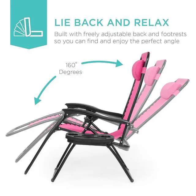 Alt view image 4 of 7 - Set of 2 Adjustable Steel Mesh Zero Gravity Lounge Chair Recliners w/Pillows and Cup Holder Trays - Pink