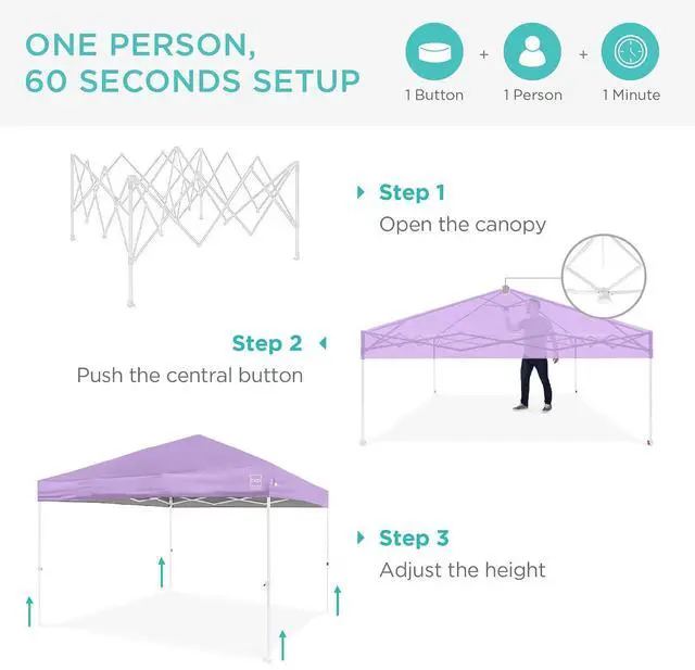 Alt view image 2 of 7 - 10x10ft Pop Up Canopy Tent, Outdoor Shade, 1 Person 1 Minute Set Up, Carry Case, 4 Weight Bags - Lilac/White