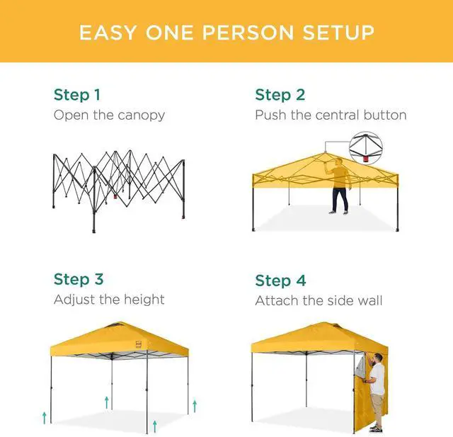 Alt view image 3 of 7 - 10x10ft Pop Up Canopy Tent with Sidewall, 1 Person 1 Minute Set Up, Carry Case, 4 Weight Bags - Marigold