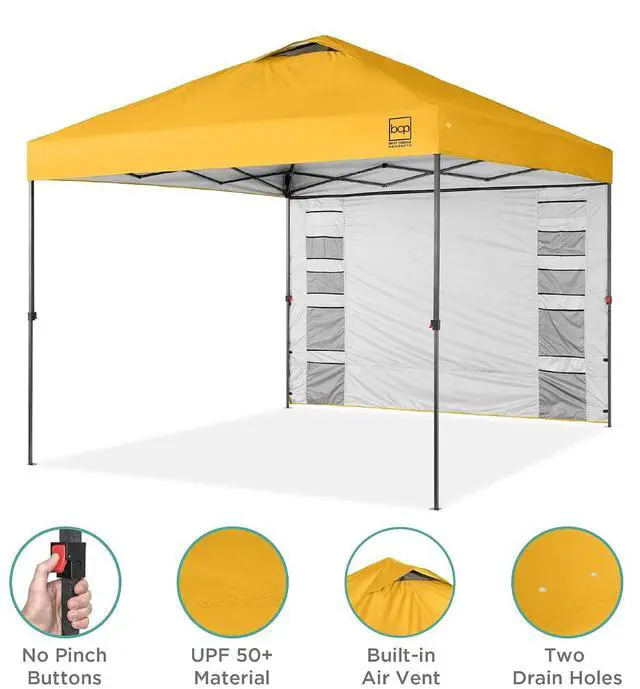 Alt view image 4 of 7 - 10x10ft Pop Up Canopy Tent with Sidewall, 1 Person 1 Minute Set Up, Carry Case, 4 Weight Bags - Marigold