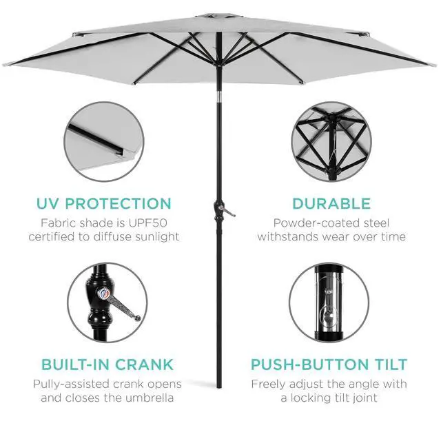 Alt view image 5 of 7 - 10ft Outdoor Patio Umbrella, Outdoor Table Umbrella, Yard Umbrella, Market Umbrella with 6 Sturdy Ribs, Push Button, Tilt and Crank - Fog Gray