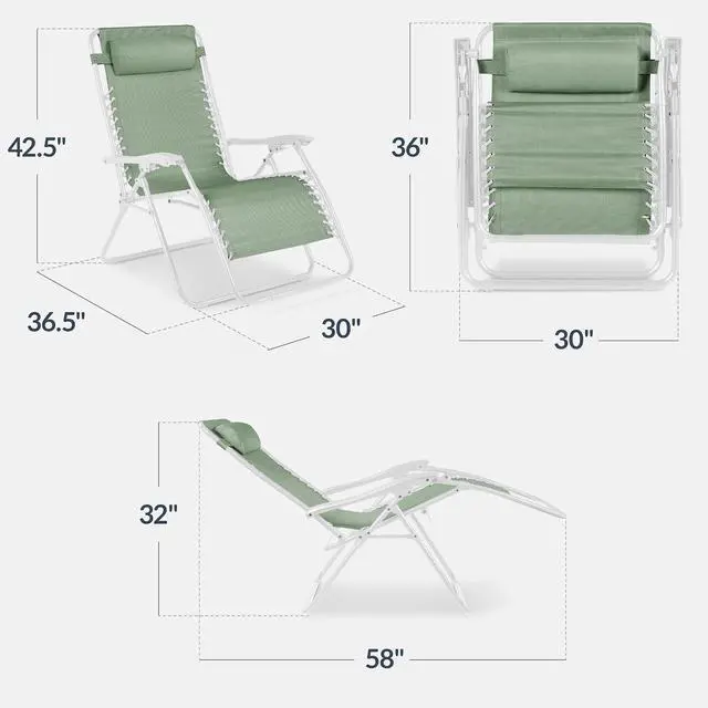 Alt view image 3 of 7 - Set of 2 Extra Wide Adjustable Steel Mesh Zero Gravity Lounge Chair Recliners w/Pillows and Cup Holder Trays - Sage Green/White