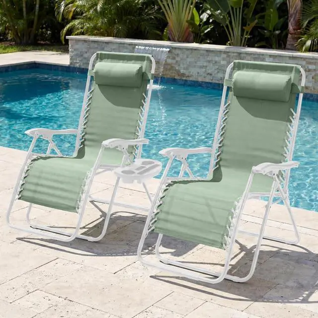 Alt view image 2 of 7 - Set of 2 Extra Wide Adjustable Steel Mesh Zero Gravity Lounge Chair Recliners w/Pillows and Cup Holder Trays - Sage Green/White